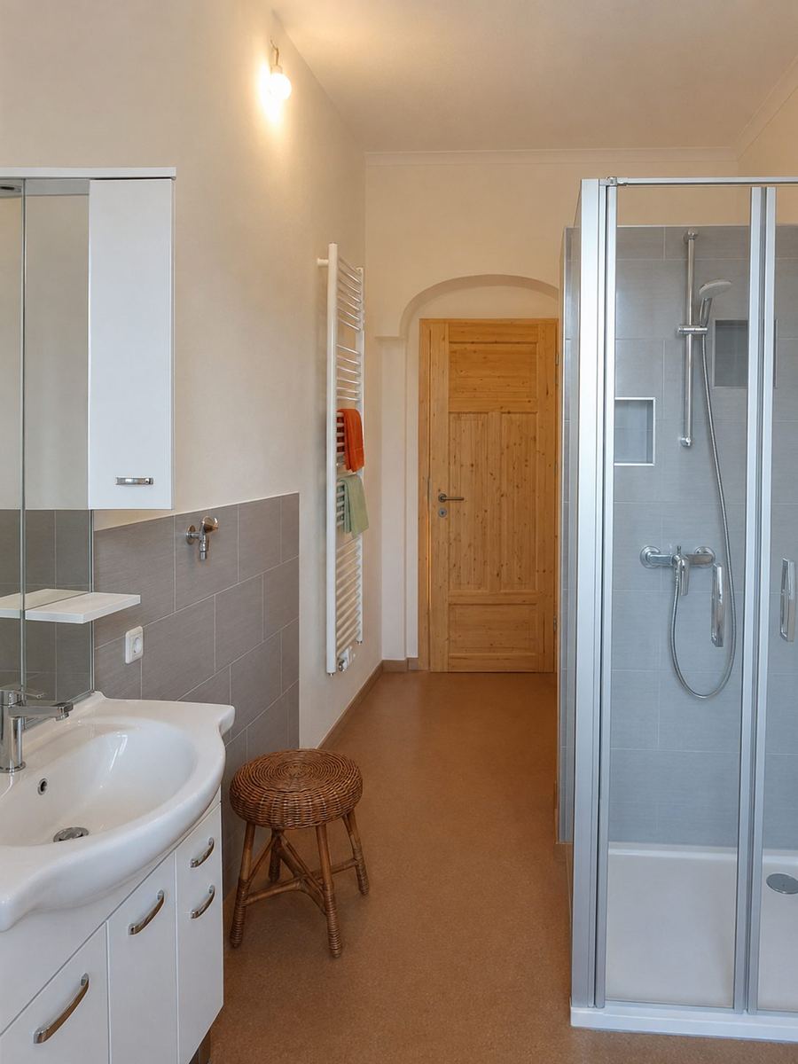 Badezimmer mit Dusche und Waschbecken