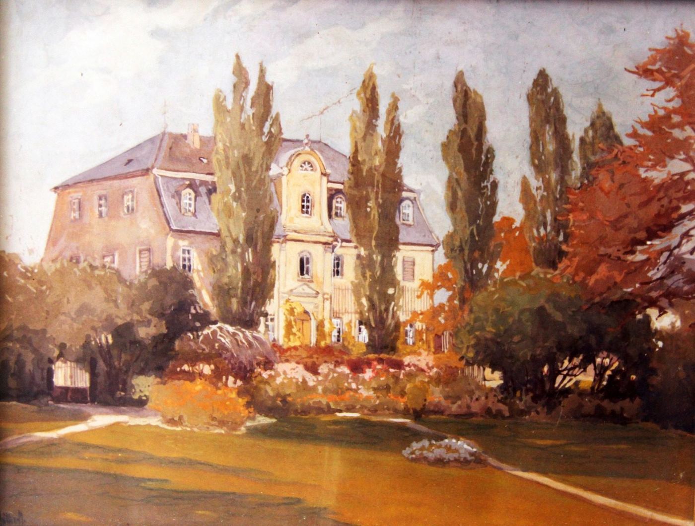 Historische Gemäldedarstellung des Herrenhauses von Hofgut Pulsitz mit Allee und Garten